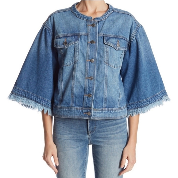 1. State Denim Jacket 3/4 Length Flared Frayed Sleeve Button Front Blue M NWT - Picture 4 of 16